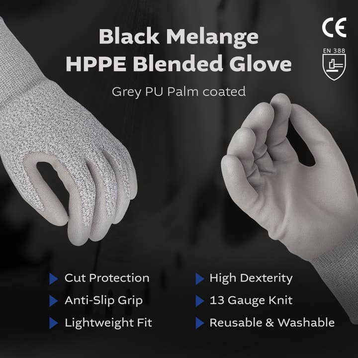 Kproduct4u - Wholesale Gloves - Unisex - Black Melange HPPE Blended Glove - Grey PU Palm coated (4 Sizes), 5ea1