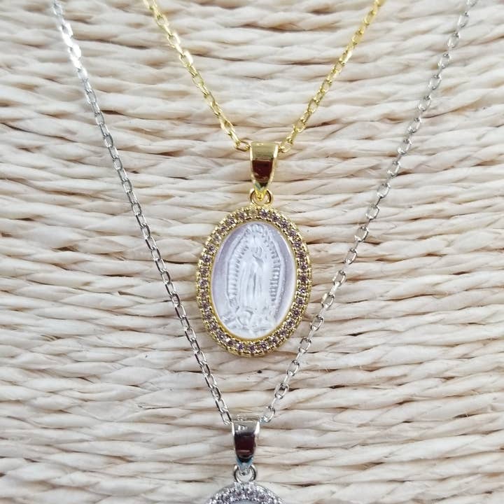 Mother of Pearl Virgin Mary Oval Pendant Charm Necklace for wholesale by Silver N Accessories