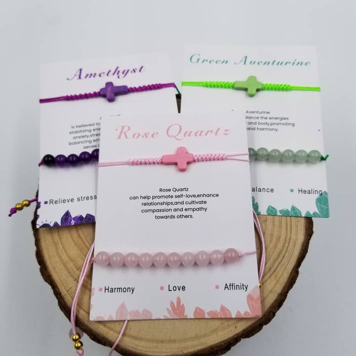 Natural Stone Bead Cross Bracelet Set with Card for wholesale by CHAKRA JEWELRY