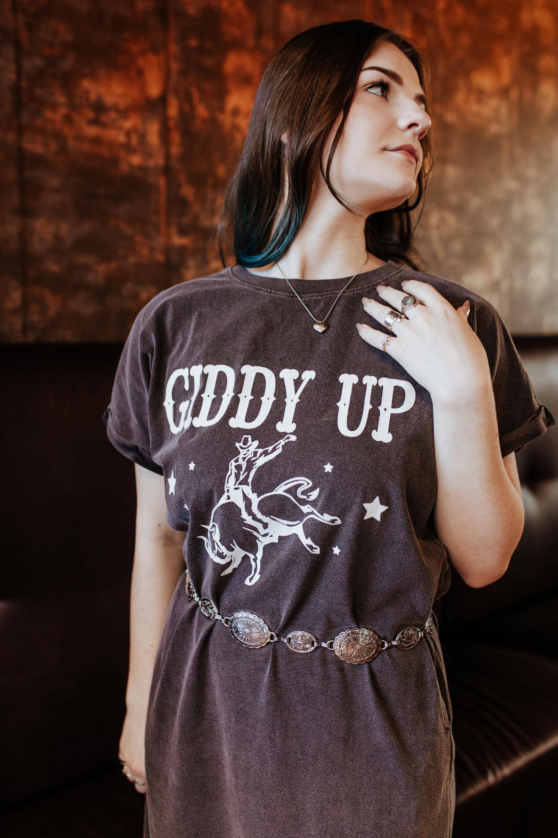 Wholesale MK352 Giddy Up Mineral Washed Side Slit Tee Dress