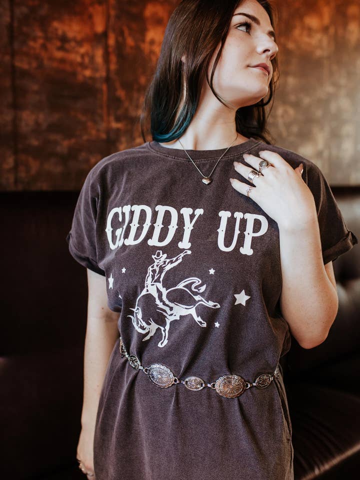 MK352 Giddy Up Mineral Washed Side Slit Tee Dress - Gray/Wht for wholesale by Merigold Kiss