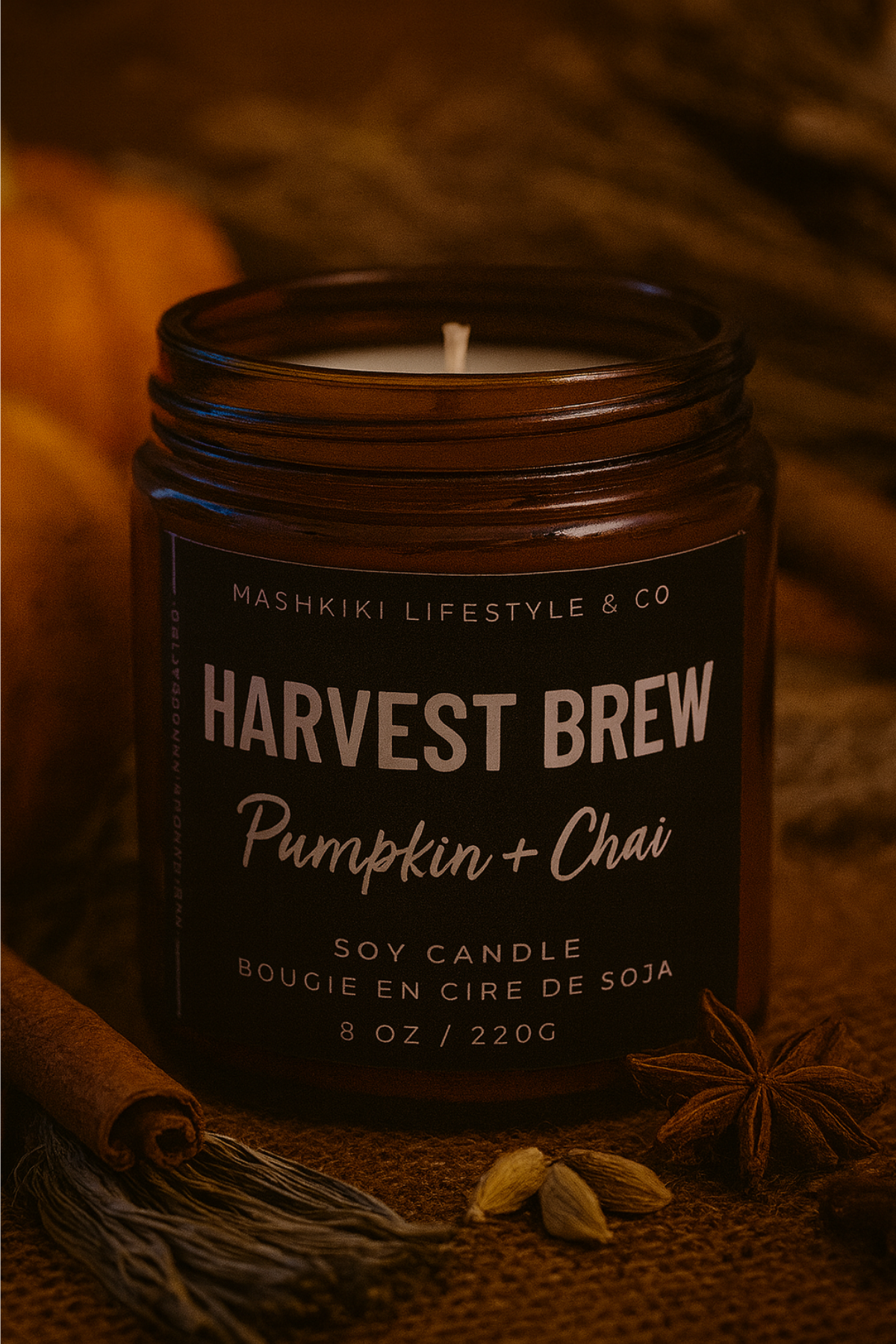 Mashkiki Lifestyle & Co. - Wholesale Jar/Filled Candle - Harvest Brew | Pumpkin + Chai - 8oz. Amber Glass Soy Candle1