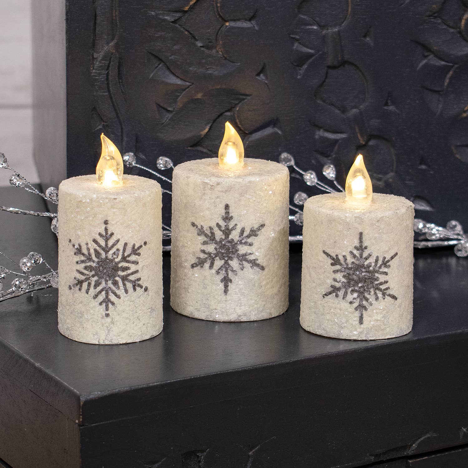 Col House Designs - Wholesale Flameless candle - Glitter Snowflake Flicker Flame Timer Pillar, 2.25" x 2.5"2