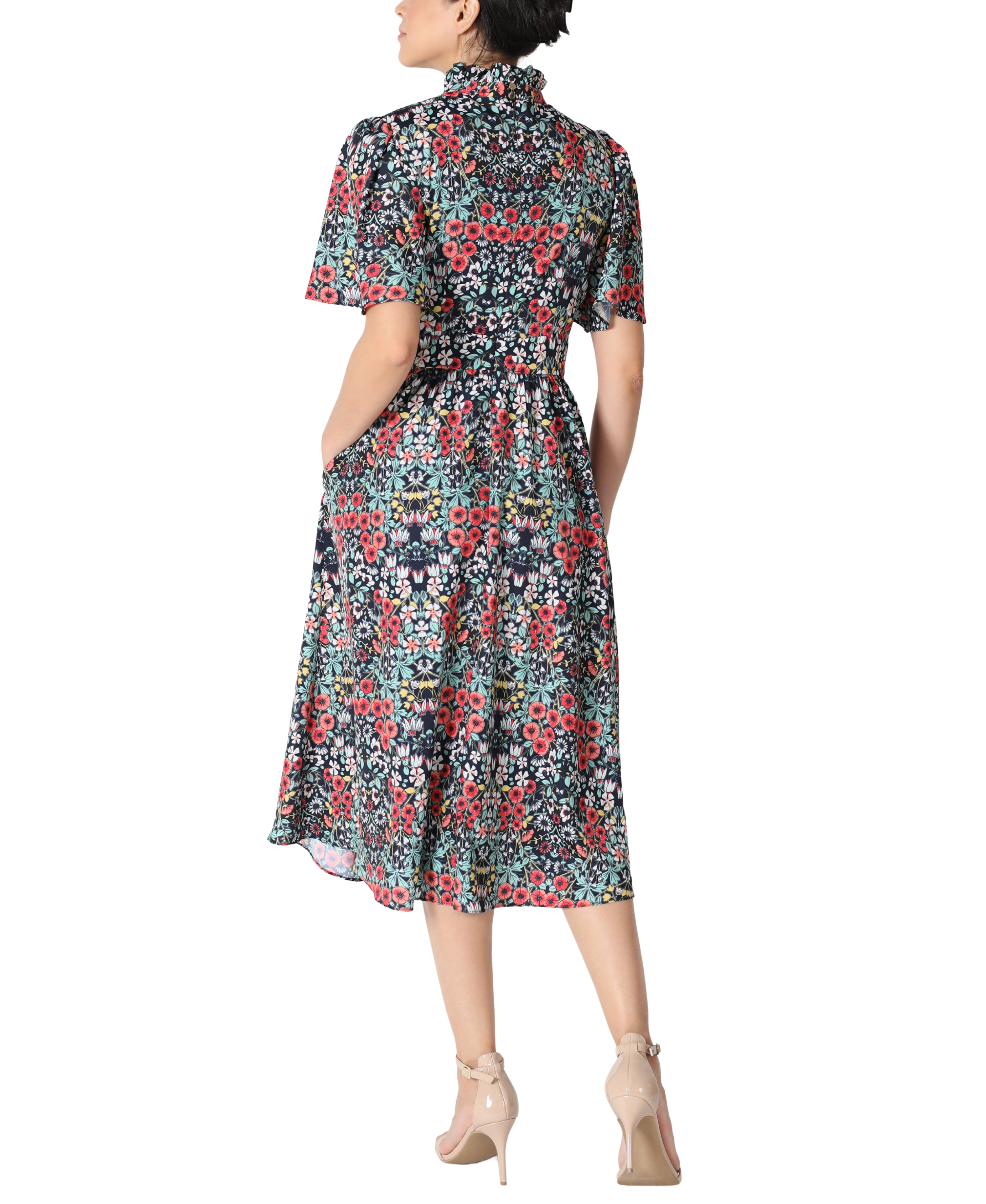 Navy Multi Ruffle Mock Neck Flutter Sleeves Dress for wholesale on Faire1