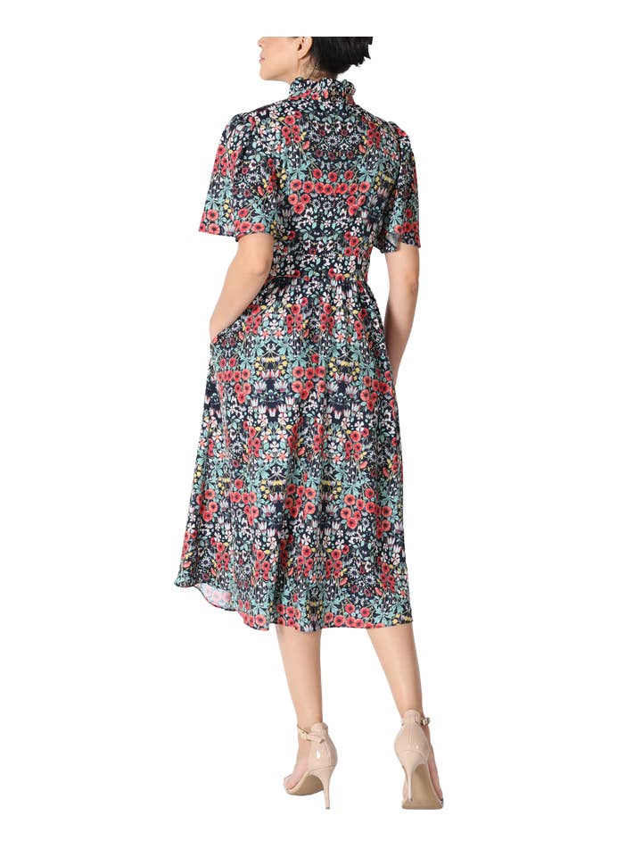 Navy Multi Ruffle Mock Neck Flutter Sleeves Dress for wholesale on Faire1