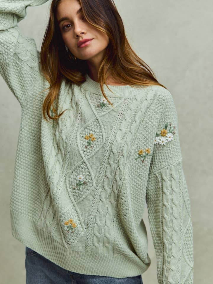 Embroidered Flower Cable Knitted Sweater Top for wholesale by Vanilla Monkey