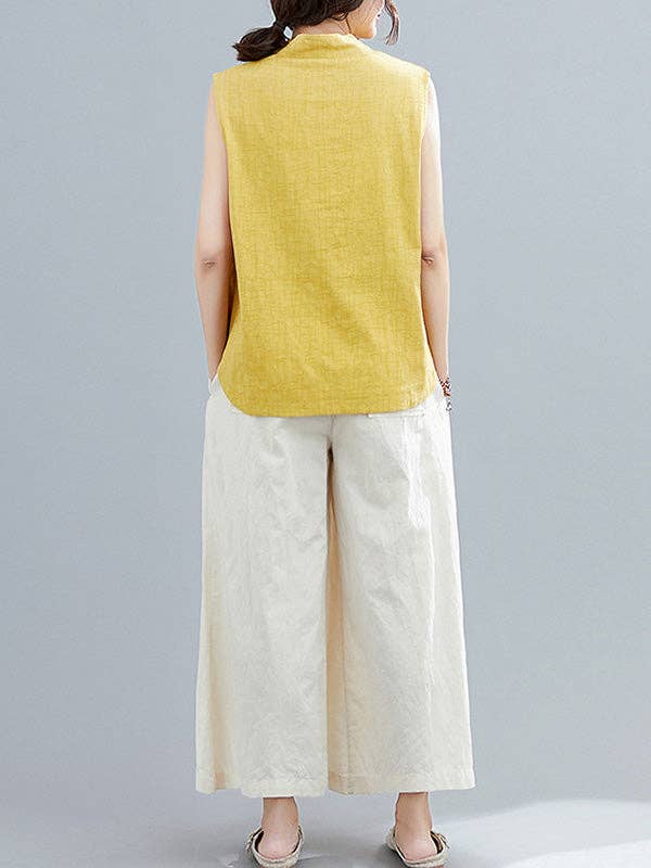 Sheer Trend - Vente Chemisier – femme - T-shirt sans manches à col montant boutonné imprimé de style chinois artistique rétro9