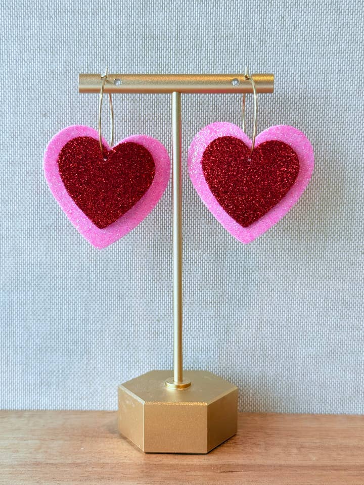 Lyserøde & Røde Glitter Hjerte Øreringe for engroshandel hos Southern Designs by Kristy