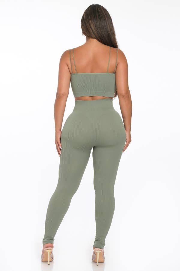 Lime All the Time - Wholesale Lounge Set - Women's - 2 Pcs Seamless Double Spaghetti Strap Top and Legging Set14