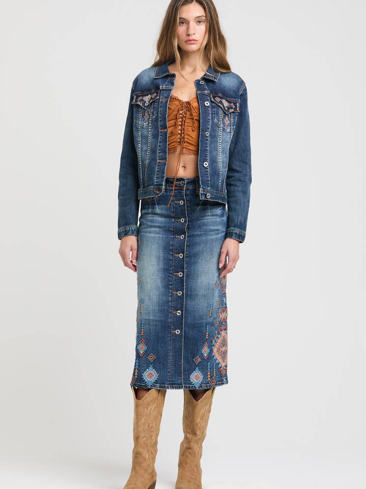 Aztec Embroidery MD Blue Long Skirt | JLK-52025 for wholesale by Grace in LA