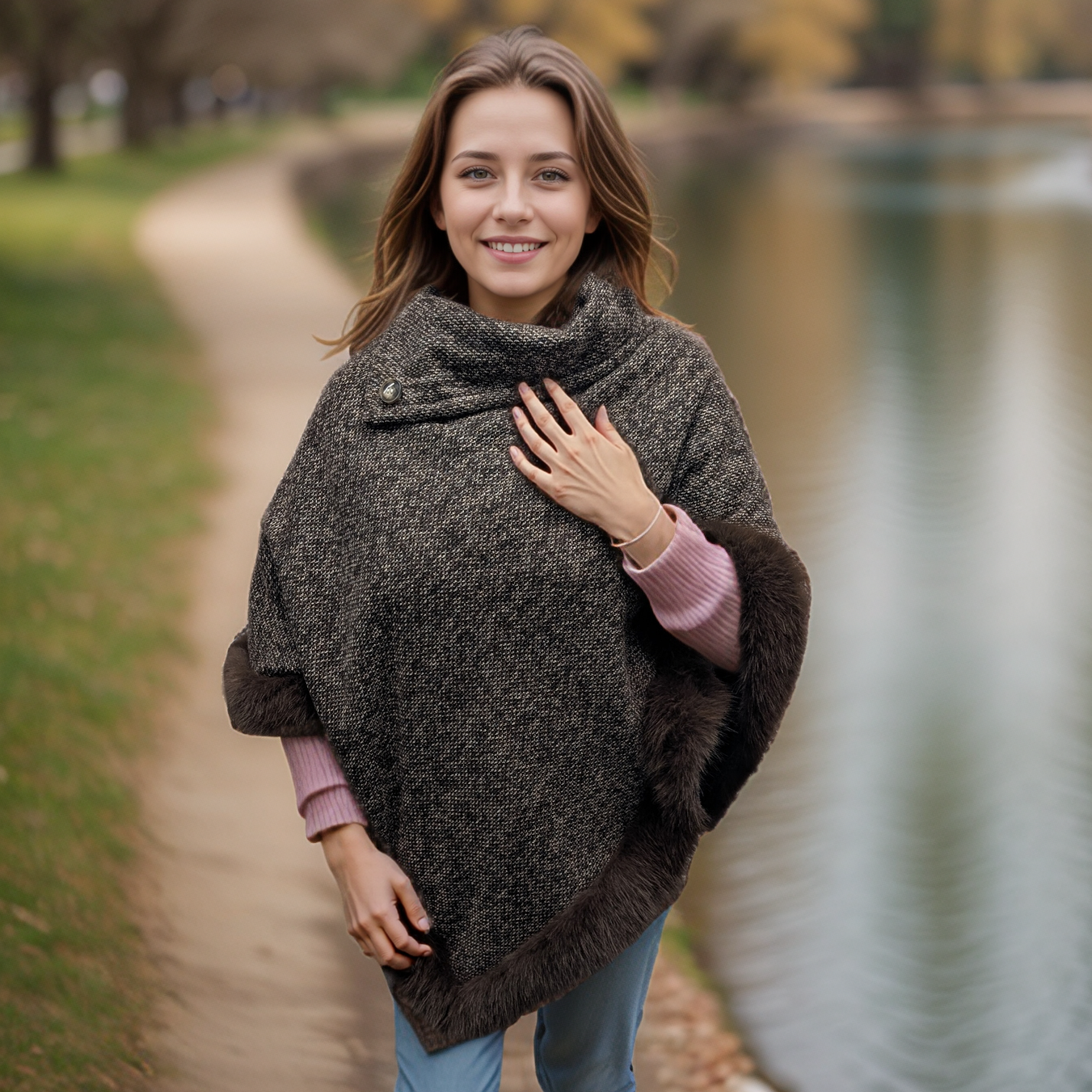 Black Ginger – wholesale Poncho – Women's – Button Collar Faux Fur Trimmed Poncho - Brown4