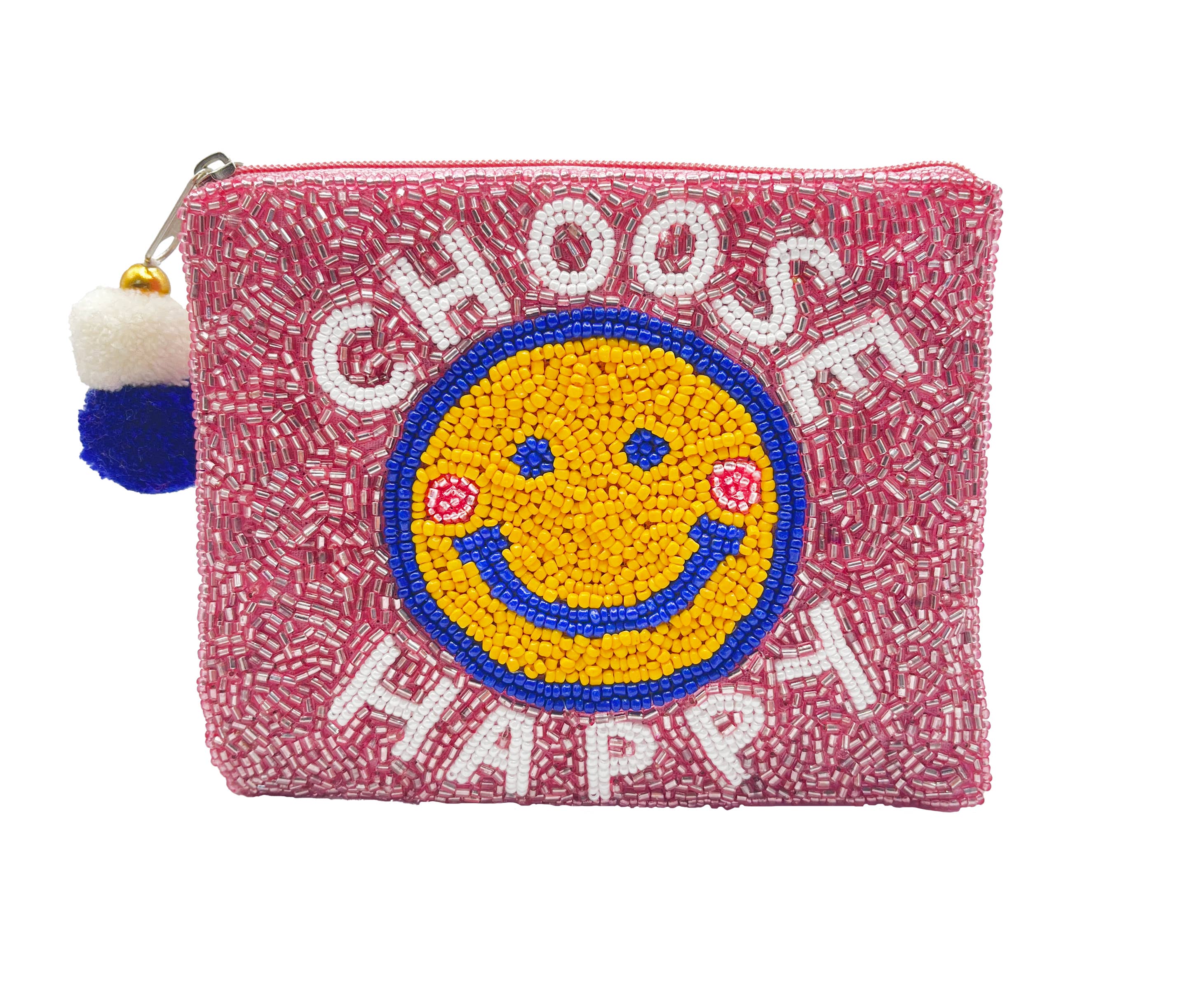 Pizzazz, Inc. - Wholesale Coin Purse - Women's - CHOOSE HAPPY SMILEY BEADED COIN POUCH