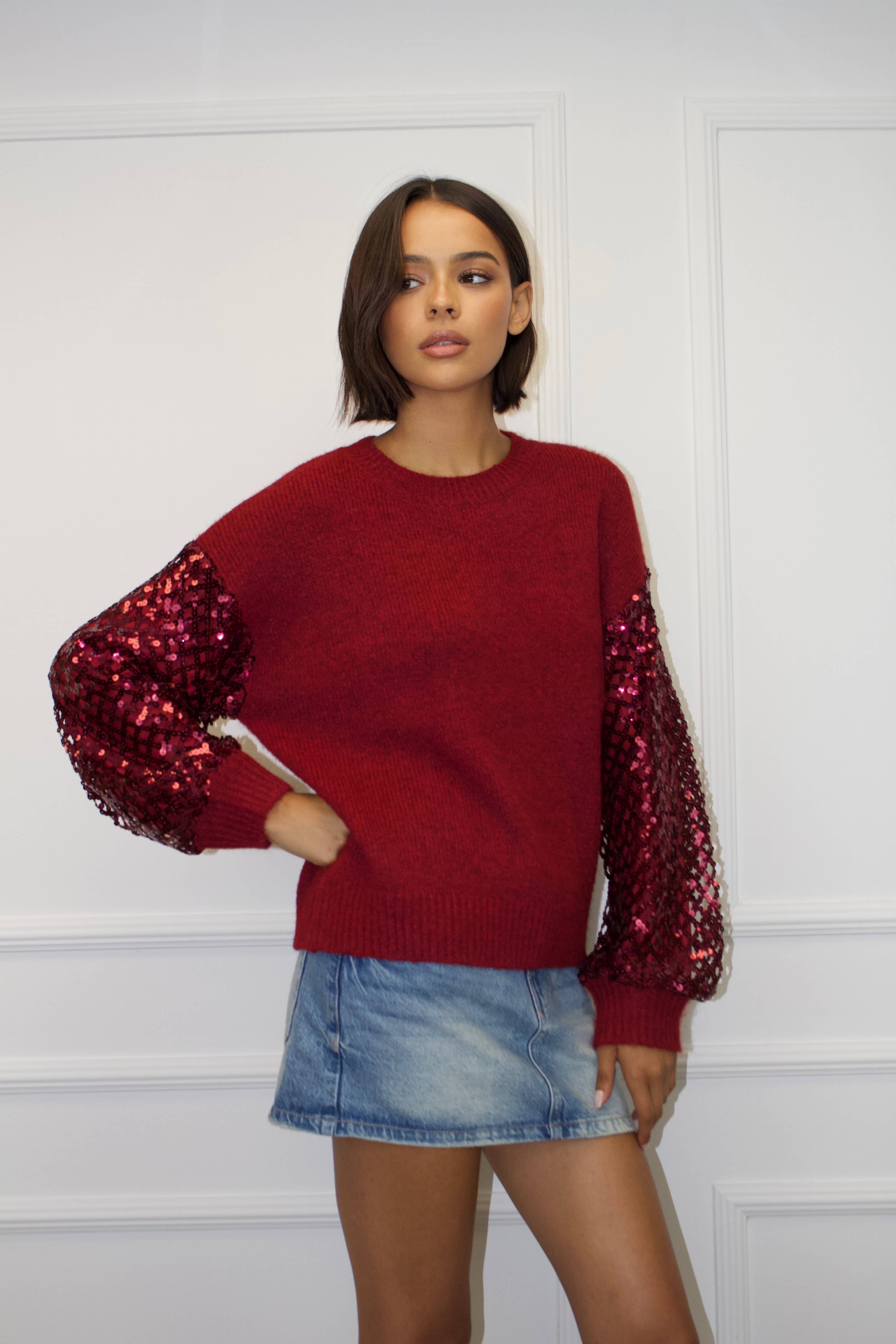 Red Round neck sweater with patched sequins sleeve for wholesale on Faire1