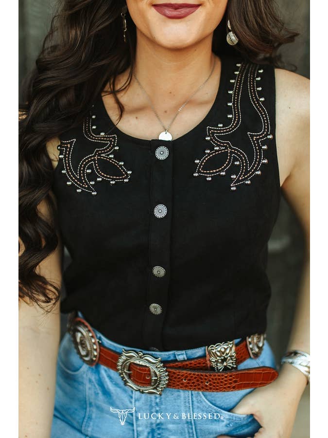 LUCKY & BLESSED - Wholesale Outerwear Vest - Women's - Black Boot Stitch Embroidered Studded Button Down Vest