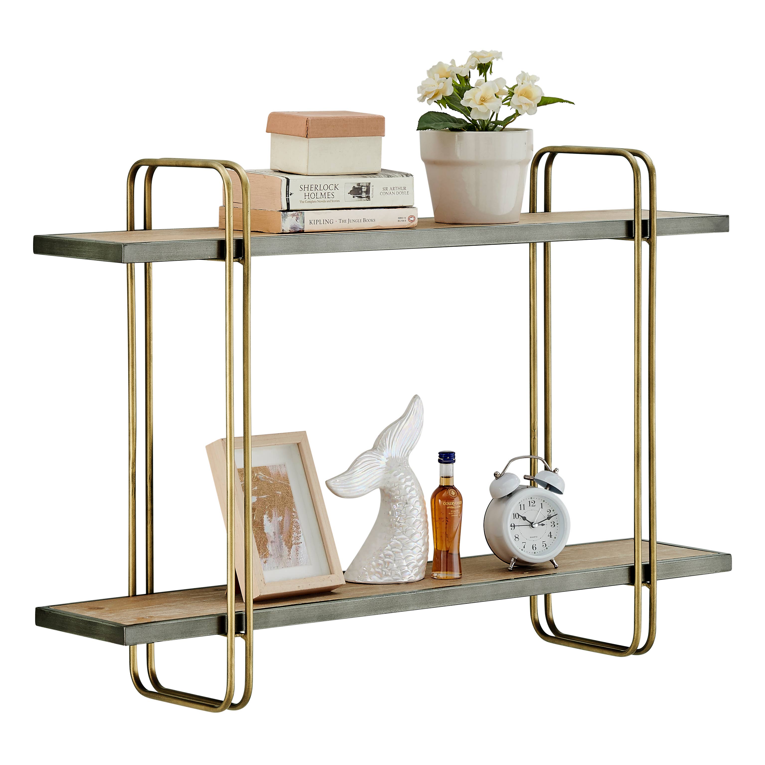 Danya B - Wholesale Wall Mounted Shelf - Danya B. Two-Tier Warm Gold and Washed Oak Brown Wall Shelf6