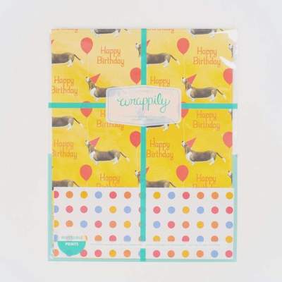 Wrappily Eco Gift Wrap Co. - Wholesale Flat Wrap - Birthday BassetHound & Dot • Double-sided Eco Wrapping Paper