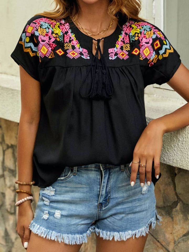 Secret Style Source - Wholesale Blouse - Women's - Embroidered Aztec Drawstring Top