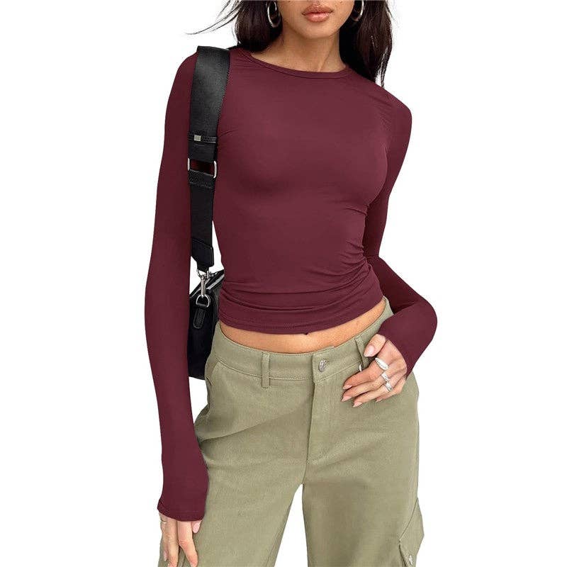 Sheer Trend - Wholesale T-Shirt - Women's - Solid Color Casual Long Sleeved Slim Fit T-Shirt5