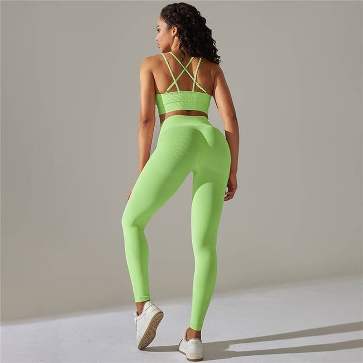 Set di leggings sportivi con spalline incrociate in tinta unita senza cuciture per la vendita all'ingrosso da parte di FurDecoration