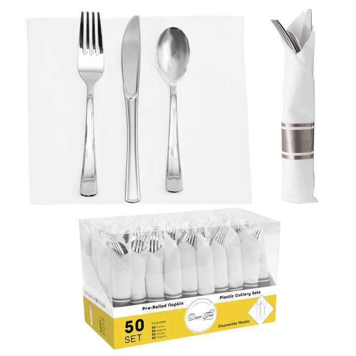 Premium Pre-rolled Napkin and Plastic Cutlery Set - 50 sets for wholesale by Portofino International Trading, USA
