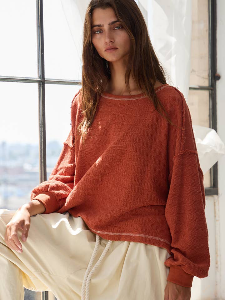 BUCKETLIST - Wholesale Knit Top - Women's - T2397 Overlap Open Back Oversize Fit Reverse Stitched Top17