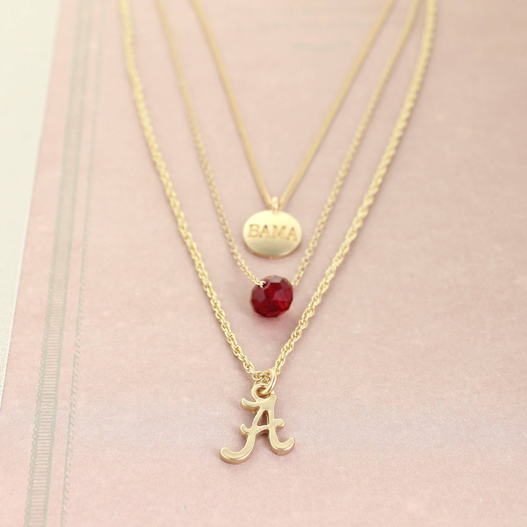 Seasons Jewelry - Wholesale Jewelry Set - 16" - 20" Alabama Matte Gold Logo Trio Necklace Set | 3 Separate Clasps | Wear Together or Separate!2