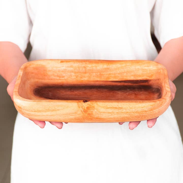Rectangular Acacia Wood Low Salad Serving Bowl for wholesale by Rainforest Bowls