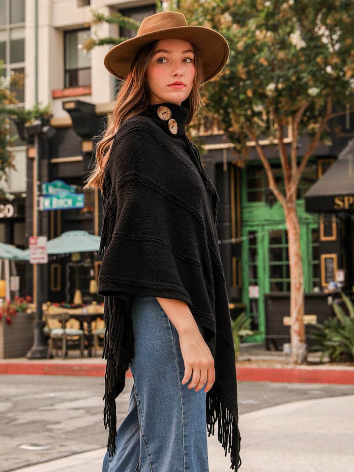 Leto Accessories - Wholesale Poncho - Women's - Button Neck Fringe Poncho - Fall & Winter Essential10