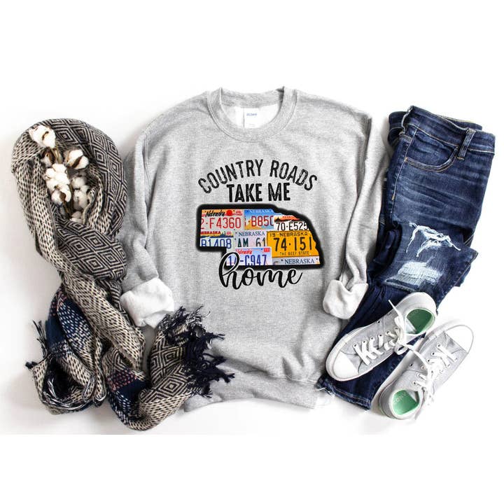 Country Roads Take Me Home - Nebraska Unisex Graphic T-Shirt for wholesale by Farmtown Printing Company