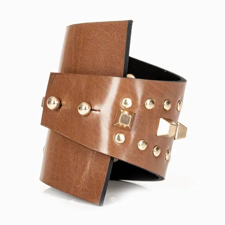 Layered Studded Leather Cuff Bronze Brown Wrap for wholesale by The Dark