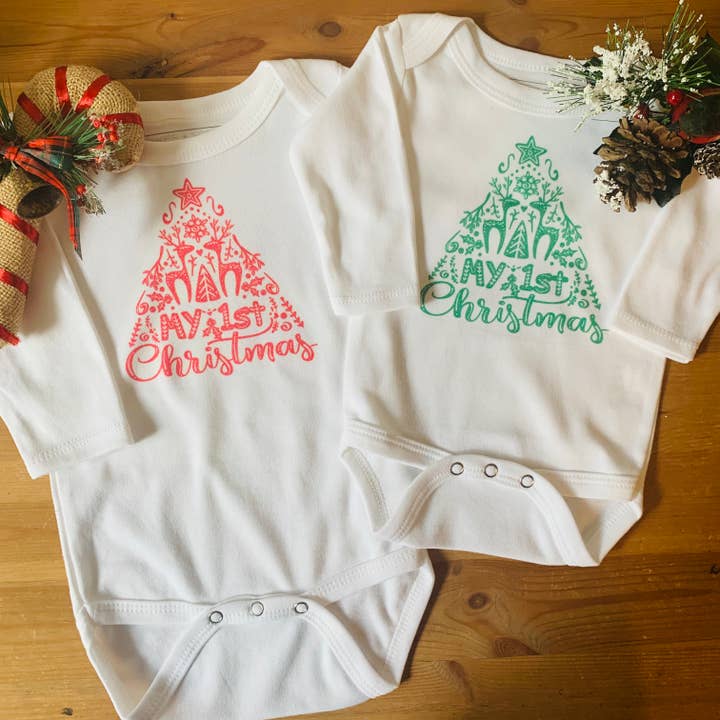 Shakes + Speares - Wholesale Bodysuit (Non-Footed) - Baby - Baby LS White Bodysuit - 1st Christmas1