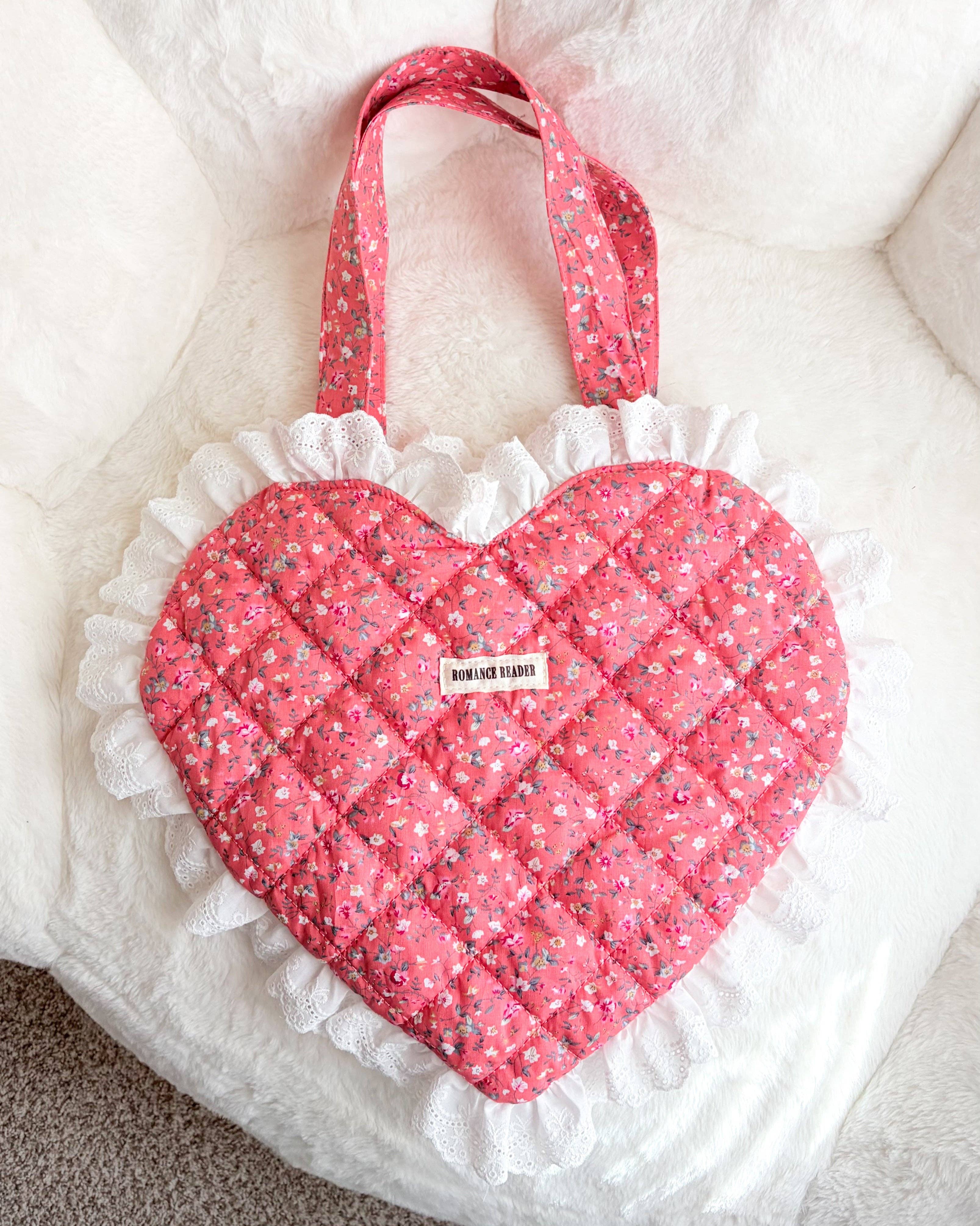 The Bean Workshop - Wholesale Tote Bag - Women's - Romance Reader Red Quilted Heart Tote Bag with Ruffled Lace Trimming