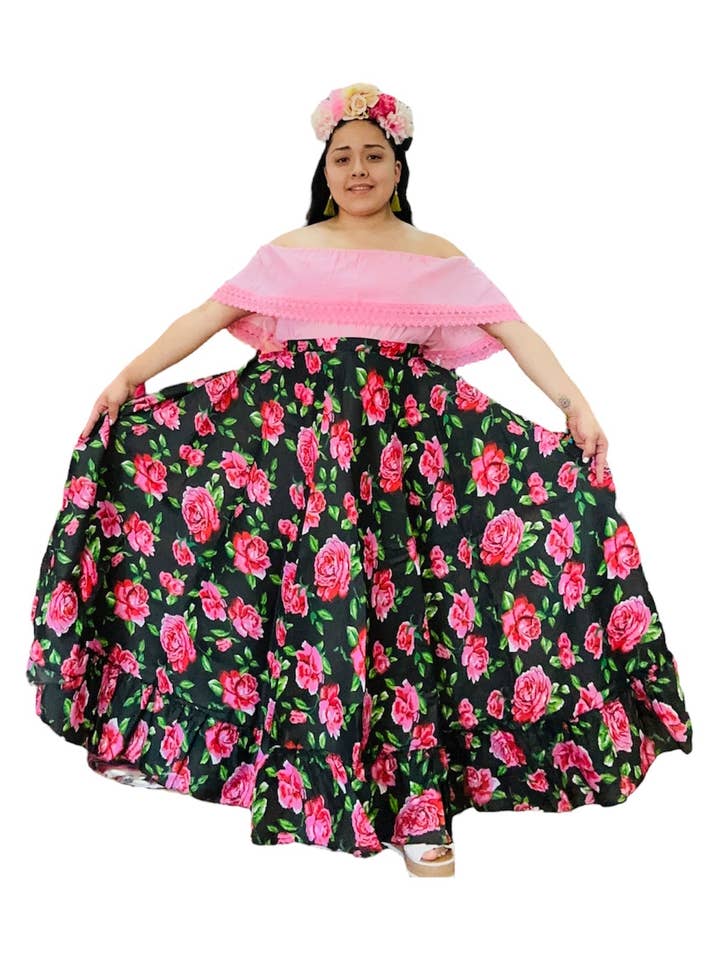 Cielito Lindo – Engroshandel Nederdel - Dame – Mexicansk Folklorico sort blomsternederdel0