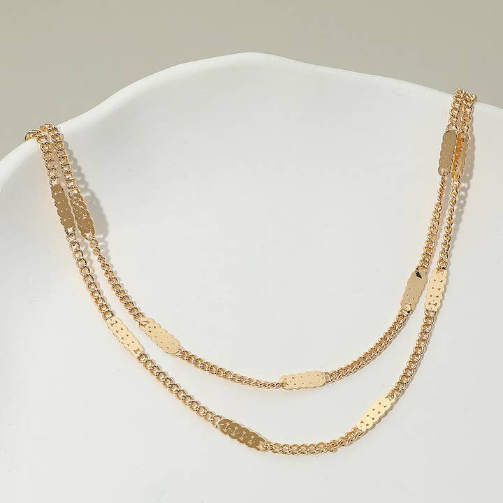 Gold Dipped Layered Flat Disc Accent Curb Chain Necklace for wholesale by Sensibling Corp.