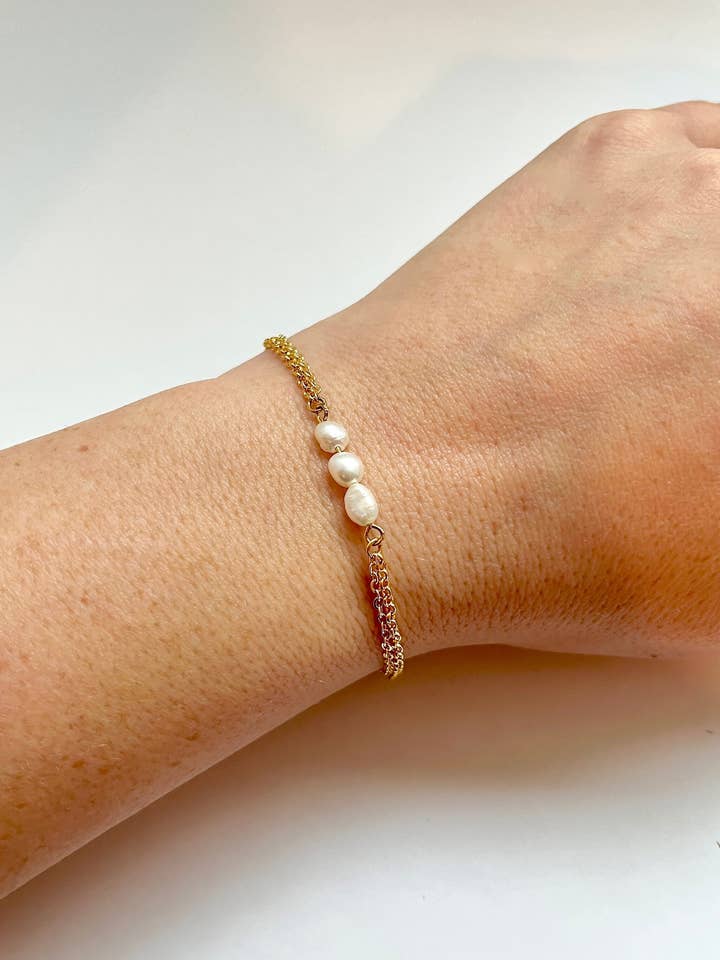 Dainty Freshwater Pearl Layered Bracelet, Gold Plated Chain for wholesale by Lovely Sunday Jewelry