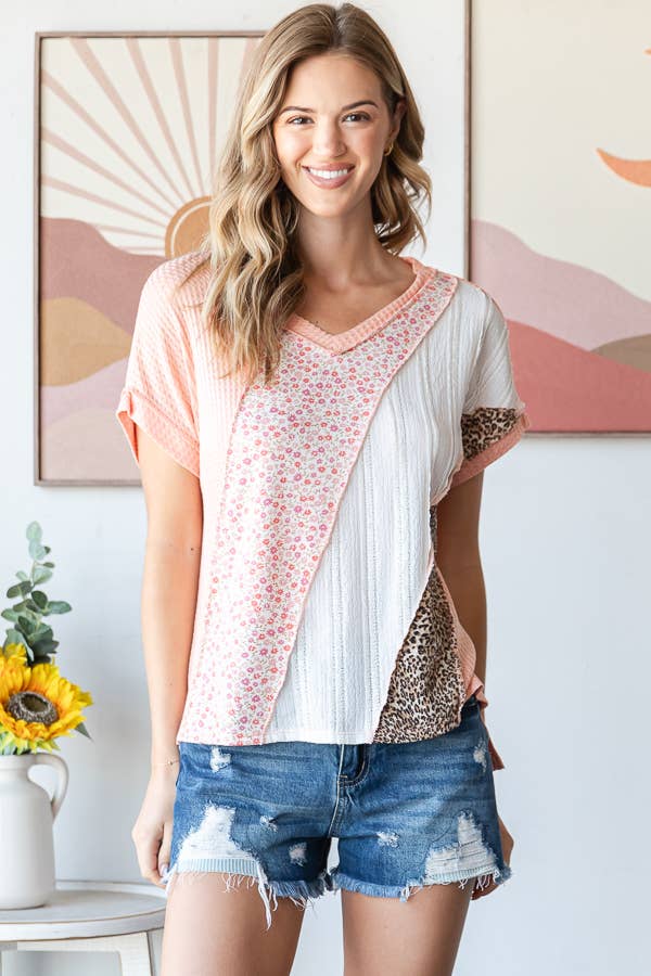 7th Ray - Wholesale Tunic - Women's - Multi Fabric Patchwork V neck Short Sleeve Top T594115