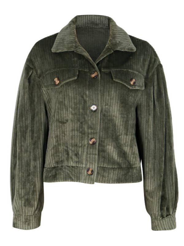 Green Lapel Buttoned Corduroy Cropped Jacket for wholesale on Faire