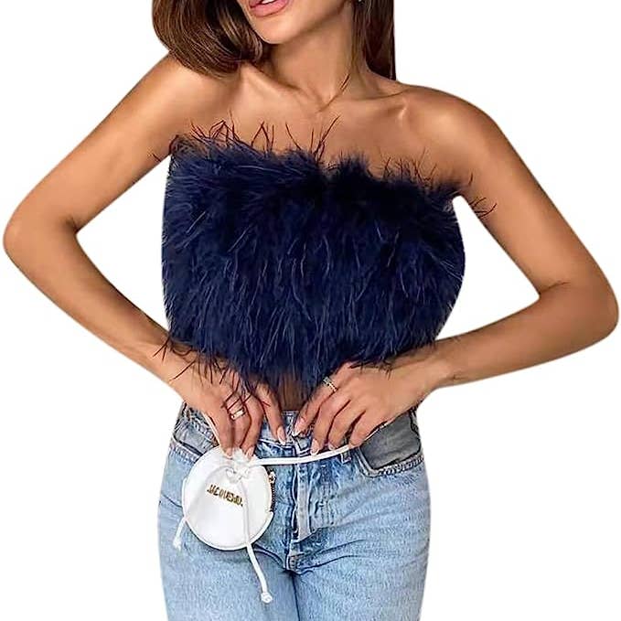 SugarQuoteMeNot LLC – Engroshandel Bluse - Dame – Struds fjervildt som-fluffy pels top med lynlås tilbage4