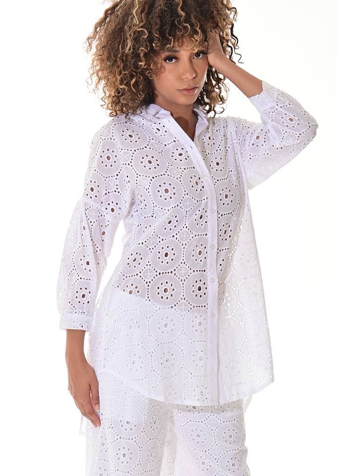 White Ladies Eyelet Cotton Blouse Boho Casual Beach Cove-LCB3116 for wholesale on Faire2