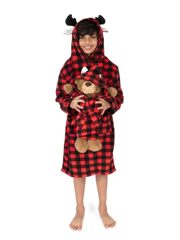 Kids Girl & Doll Fleece Hooded Moose Robe for Christmas for wholesale by Leveret Pajamas