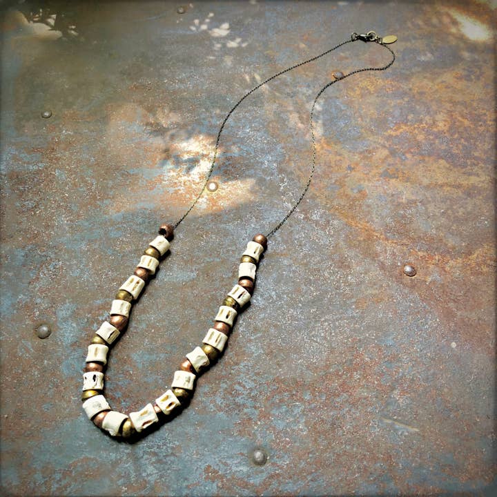 ASTALI - Wholesale Beaded/Pearl Necklace - Fish Vertebrae Necklace - White Bones & Brass/Copper Beads0