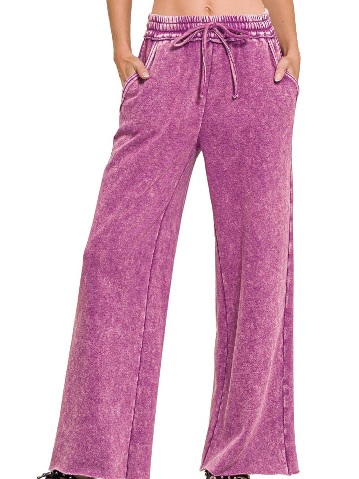 Pantaloni palazzo in pile effetto acid wash con tasche per la vendita all'ingrosso da parte di Vanilla Monkey