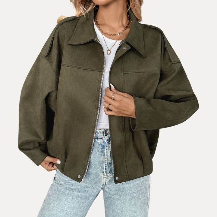 Always Popular Collared Long Sleeve Zip-Up Suede Jacket for wholesale by The Moment Collection