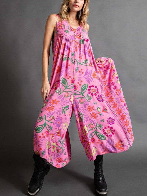 Rosa Clothing - Wholesale Jumpsuit - Women's - Vintage Print Loose Sleeveless Jumpsuit