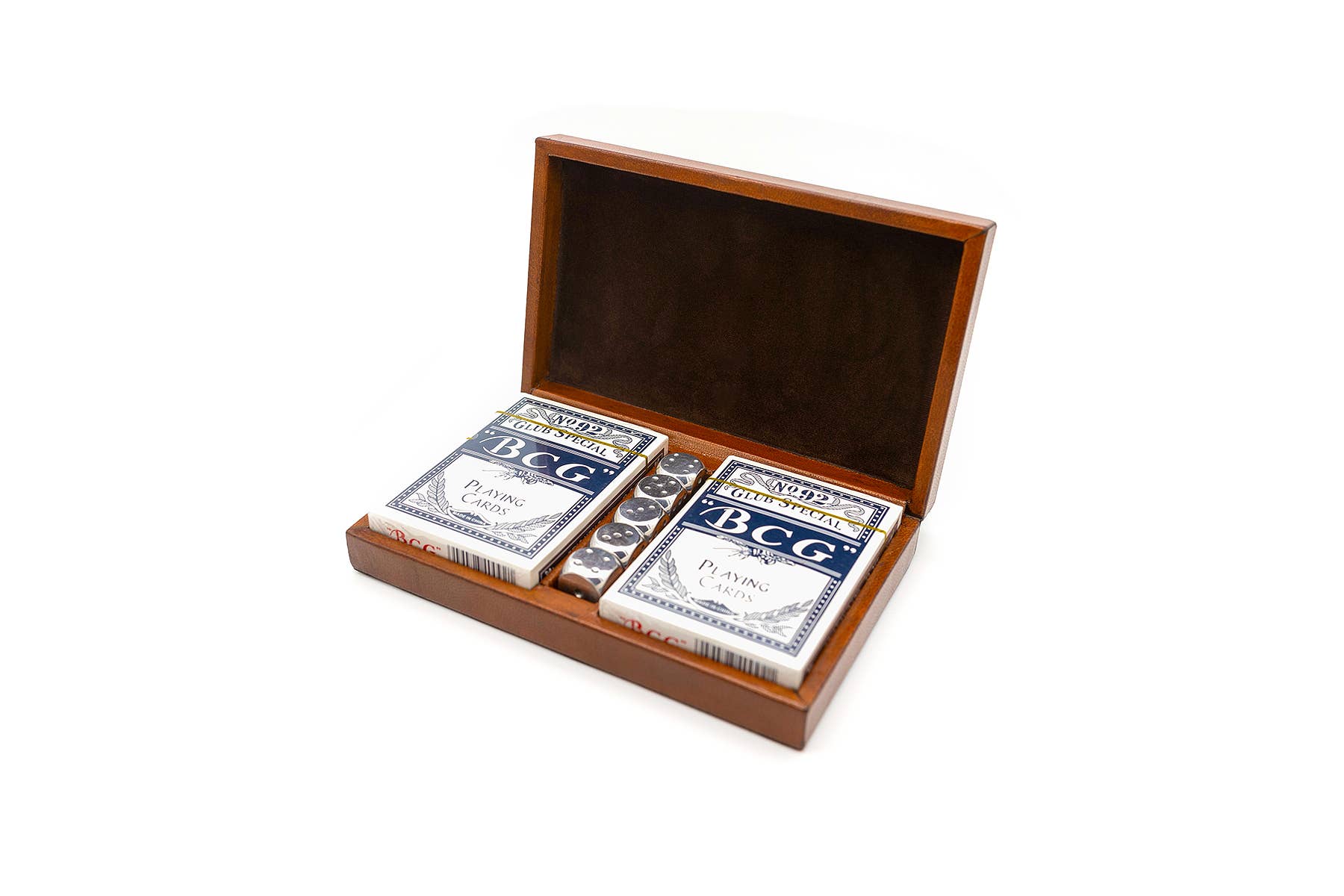 Roberts and Dore - Wholesale Playing cards - Cognac Leather Playing Cards Box With Dice1