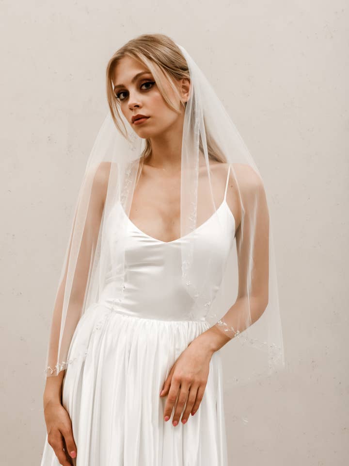 Floral Beaded Edge Veil V003 for wholesale by Heirloom Bridal Company