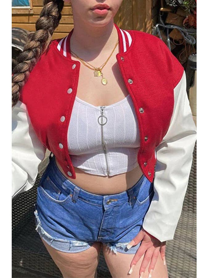 MB Fashion Wholesale - Wholesale Varsity/Baseball Jacket - Women's - MB FASHION CROPPED BUTTON DOWN JACKET 6466R5