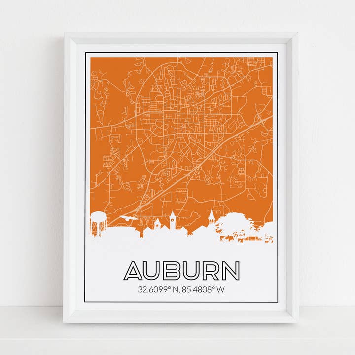 Auburn Alabama Print med kort, skyline, bykoordinater for engroshandel hos Paperfinch Design