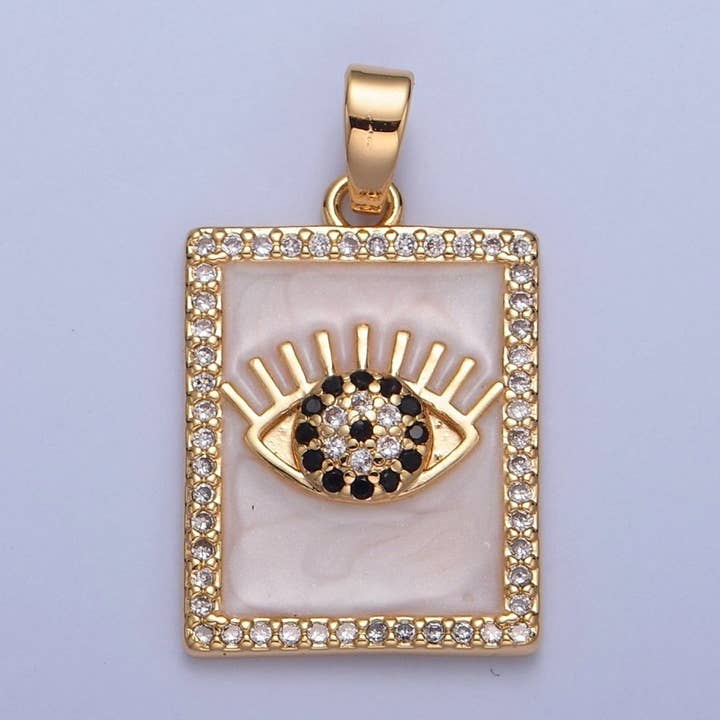 Gold Filled Evil Eye Tag Pendant, Micro Pave Black & Clear CZ with White Enamel Eye of Ra Protection Tile Pendant H-064 for wholesale by Aim Eternal