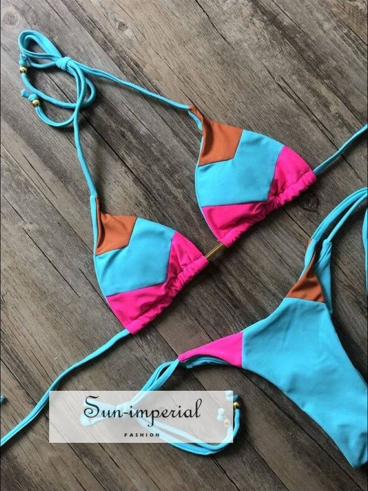 Color Block Hot Pink Blue Brown Bikini Set Women��S for wholesale by Sun Imperial